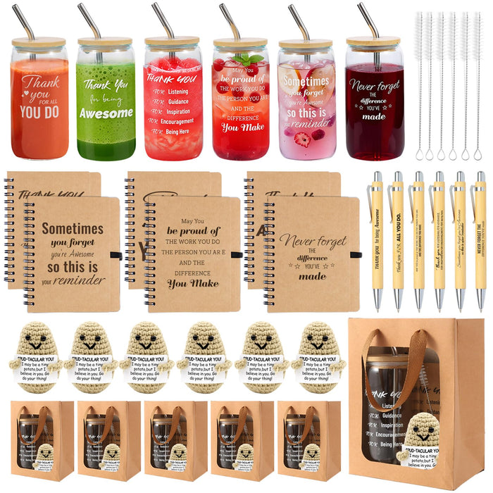 42 Pcs/6 Sets Employee Appreciation Gifts Bulk - Includes 16oz Glass Cups with Bamboo Lid, Positive Crochet, Inspirational Notebooks with Pens, Kraft Paper Gift Bags & Straw - Thank You Gifts for Coworkers, Teachers, Staff & Team