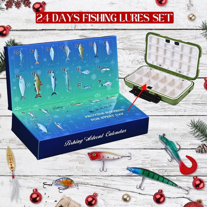 Uspring Advent Calendar 2024 - Fishing Advent Calendar 2024 Adults Fishing Lures Set with Tackle Box Christmas Countdown Calendars 24 Days 2024 Xmas Surprise Gift for Anglers Teen Boys Men