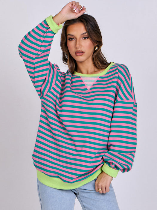 ANRABESS Women Striped Sweatshirt Long Sleeve Shirts Crewneck Oversized Casual Pullover Top 2024 Fall Fashion Outfits Clothes Pink Green Large