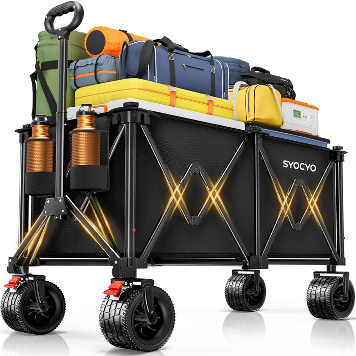 Collapsible Wagon Carts Foldable 570LBS Beach Wagon with Big All-Terrain Wheels Weight Capacity Heavy Duty Utility Carts with Cup Holders for Garden, Camping, Grocery, Sports Black