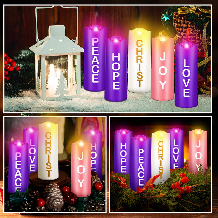 Mudder 5 Pcs Christmas Advent Pillar Candles LED Flameless Advent Candle Set Christmas Candles with Words Hope Peace Love Joy Christ Purple Pink White Pillar Candles for Church Wreath Rituals