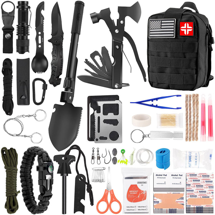 Emergency Survival Kit and First Aid Kit, 142Pcs Survival Gear and Supplies Equipment with Molle Pouch, Gift for Christmas Men Dad Husband Camping Essentials Hiking Hunting Outdoor Adventure (Black)