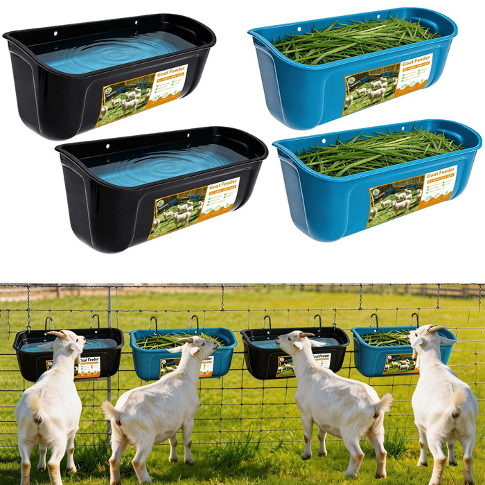 4 Pack Goat Feeders Hanging with Heavy Duty Carabiner for Fence,Large Capacity Sheep Feeder,No Mess Goat Water Trough, Easy to Install, Holds a Lot of Food