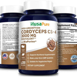 NusaPure Cordyceps Extract 3000 mg 200 Veggie Capsules (Sinensis CS-4, Non-GMO, Gluten Free) Bioperine