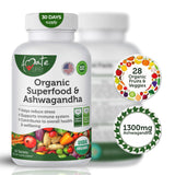 Organic Superfood Greens Fruits and Veggies Complex with Ashwagandha - 2 in 1 Supplement with 14 Greens and 14 Fruits & Vegetables with Organic Ashwagandha Rich in Antioxidants - Non-GMO 90 Tablets