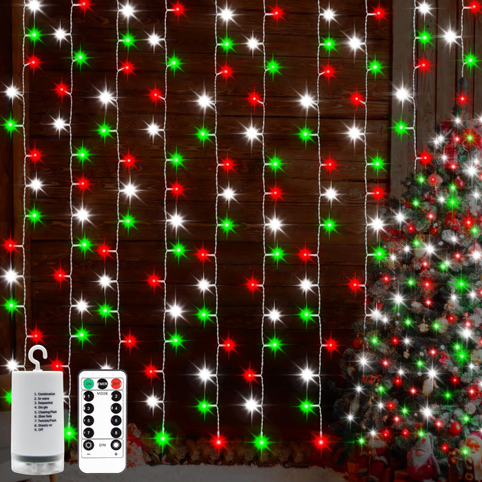 echosari Red White and Green Christmas Curtain Lights Battery Operated, 300 LED Fairy Curtain Lights 9.8Ft x 9.8Ft Hanging Lights with Remote Timer for Party Holiday Garden Yard Decor