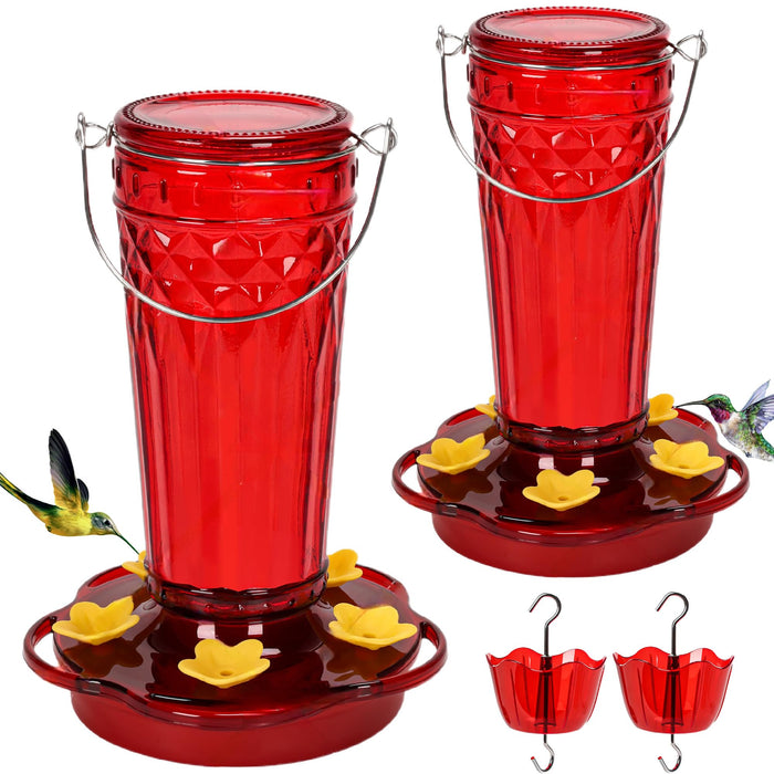 2 Pack Glass Hummingbird feeders for Outdoors 14Ounces，5 Feeding Ports Hummingbird Feeder,Wide Mouth for Easy Filling/Cleaning，Hanging for Garden Backyard Decor, Includes Ant Moat (Red，2Pack)