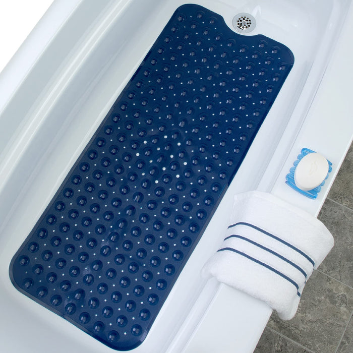 SlipX Solutions Power Grip Extra Long Bath Tub & Shower Mat 39x16, Wet Floor Non-Slip for Elderly & Kids Bathroom, 30% Longer Bathtub Mats, 200 Suction Cups, Drain Holes (1, Navy)