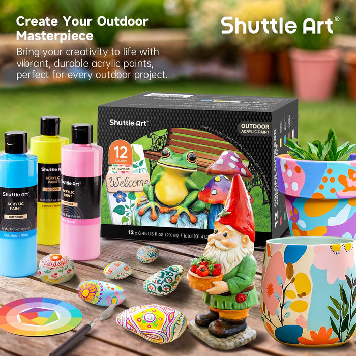 Shuttle Art Outdoor Acrylic Paint Set, 12 Colors Waterproof Paint, 8.45oz/250ml Large Bottles, Rich Pigmented Bulk Painting Supplies for Artists, Beginners on Rocks, Wood, Wall, Crafts, Garden Statues