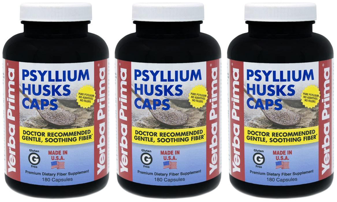 Yerba Prima Psyllium Husks Caps - 180 caps (Pack of 3) - Natural Fiber Supplement - Colon Cleansing - Non-GMO Gluten Free