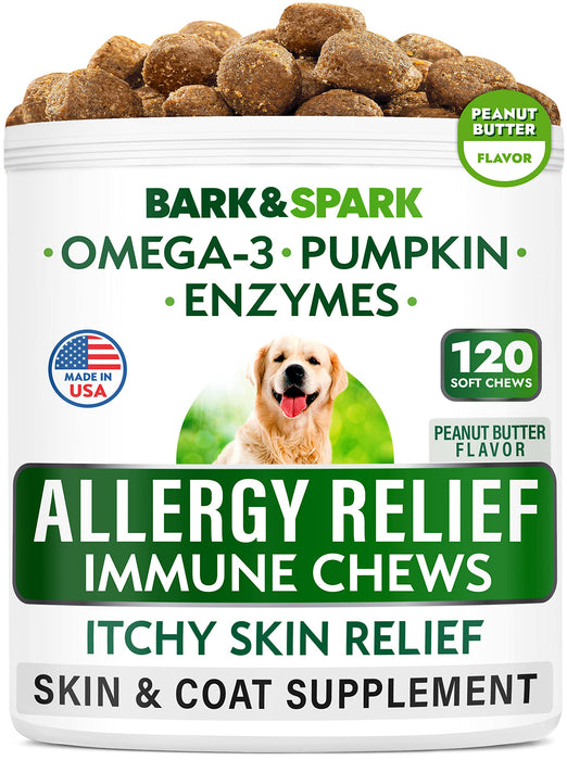 BARK&SPARK Dog Allergy Relief Chews - Anti-Itch Skin & Coat Supplement - Omega 3 Fish Oil - Itchy Skin Relief Treatment Pills - Itching &Paw Licking - Dry Skin&Hot Spots - (120 Immune Treats - Peanut)