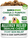 BARK&SPARK Dog Allergy Relief Chews - Anti-Itch Skin & Coat Supplement - Omega 3 Fish Oil - Itchy Skin Relief Treatment Pills - Itching &Paw Licking - Dry Skin&Hot Spots - (120 Immune Treats - Peanut)