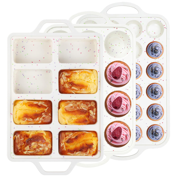 AOTASO 3 Pcs Silicone Baking Pan Set - Including Mini Loaf Pan, Standard Muffin Pan and Mini Muffin Pan - Silicone Cupcake Molds With Metal Reinforced Frame (Cream)