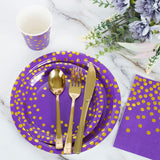 HOMIX Purple and Gold Party Supplies 175 Pieces Disposable Purple Paper Plates Napkins Cups, Gold Plastic Forks Knives Spoons for Mardi Gras, Birthday Decor, Cocktail Party