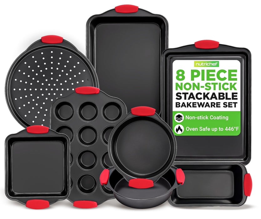 NutriChef Non-Stick Kitchen Oven Baking Pans-Deluxe & Stylish Nonstick Gray Coating Inside Outside, Commercial Grade Restaurant Quality Metal Bakeware with Red Silicone Handles NCSBS8S, 8 Piece Set