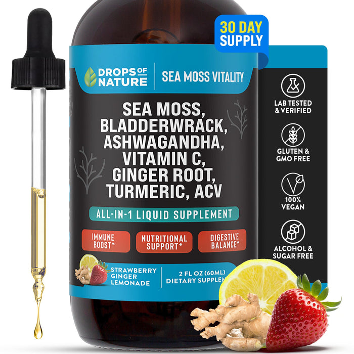 Ashwagandha & Turmeric Liquid Drops - Vitamin C, Sea Moss, Apple Cider Vinegar, Bladderwrack - Vegan Liquid Drops for Comprehensive Wellness Support & Vital Immunity (Strawberry Ginger Lemonade, 60mL)