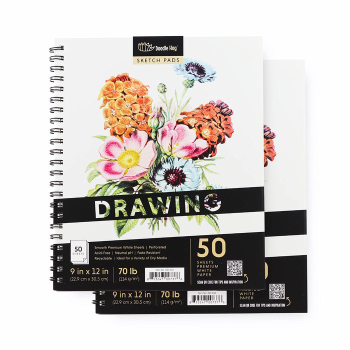 DOODLE HOG 2PK Drawing Pads - 9"x12" White, Perforated, 70lb / 114gsm Sketch Pad - Includes 50 Sheets/Pad; 100 Sheets Total, Ideal for a Variety of Dry Media - Drawing Paper for Artists, Students & Kids