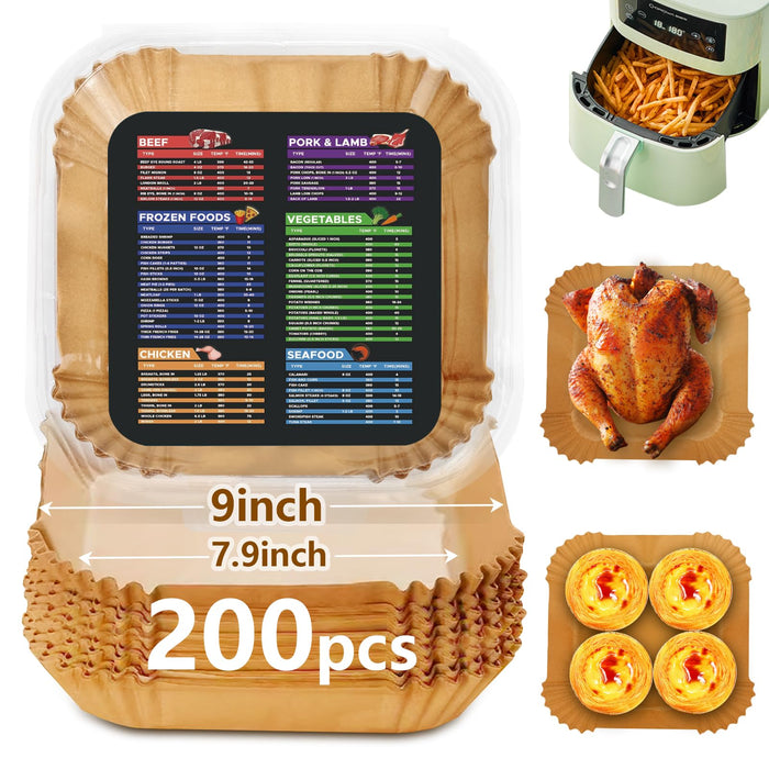 200PCS Air Fryer Liners Disposable: Square 7.9 Inch Non-Stick Airfryer Paper Liners - Food Grade Parchment Paper for 5 6 7 8 QT Air Fryer Baking and Roasting - Waterproof and OilProof (9 Inch on Top)