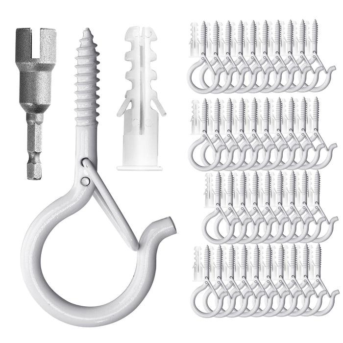 PlusRoc 40 Pack String Light Hooks for Christmas Light Outdoor Plants, 2.2 Inch White Cup Hooks Screw in Ceiling Hooks Eye Hook Q-Hanger, with Wing Nut Driver, Wall Mount Ceiling Mount