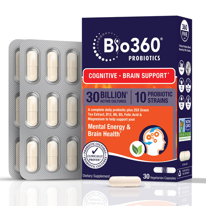 Bio360 Cognitive Support Probiotic for Brain Health, Digestive, Immune Health & Mental Energy, 30 Billion, 10 Probiotics, 25X Green Tea Extract, Magnesium & Vitamin B5, B6 & B12, 30CT