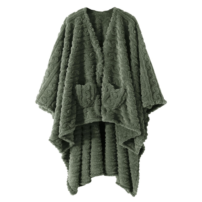 Mowkim Wearable Blanket Sherpa Fleece Shawl Blanket with Pockets for Adults Women and Men, Cozy Shawl TV Throw Blankets (Green, 58'' x 64'')