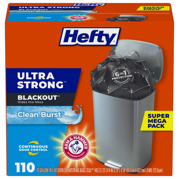 Hefty Ultra Strong Tall Kitchen Trash Bags, Blackout, Clean Burst, 13 Gallon, 110 Count
