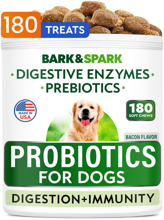 Bark&Spark Dog Probiotics & Digestive Enzymes (Gut Health) Allergy & Itchy Skin - Pet Diarrhea Gas Treatment Upset Stomach Relief Pill, Digestion Health Prebiotic Supplement Tummy Treat (180Ct Bacon)