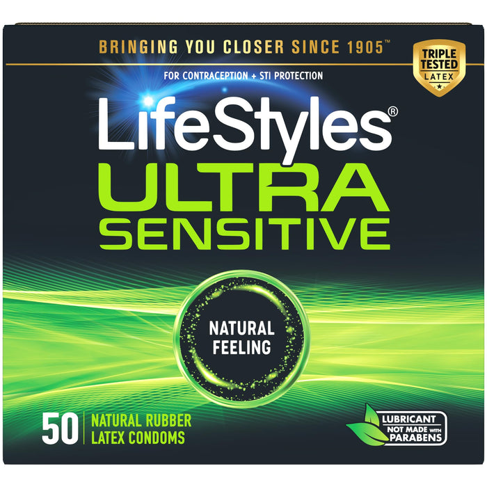 LifeStyles Ultra Sensitive Premium Lubricated Natural Latex Condoms Value Pack - 50 Count, 1 Pack - Triple Tested for Best Protection, Made with UltraGlide Silicone Lube