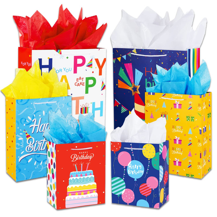 Birthday Gift Bag with Handle and Tissue Paper, 12 Pcs Gift Bags Assorted Sizes and Designs, Large, Medium, Small Size Birthday Gift Bag for Boys, Girls, 13”, 9” )