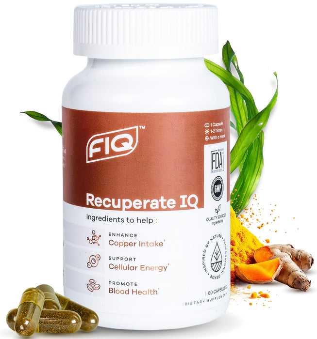 FIQ Supplements Recuperate IQ (60 Caps): 5-in-1 Copper Supplement with Copper Bisglycinate, Beef Liver, Spirulina, Turmeric, & Boron - High Bioavailability & Absorption in Easy-to-Swallow Capsules