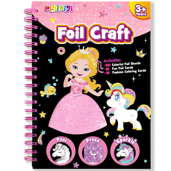 pigipigi Art Craft Activity for Kids: Fun Foil Princess & Unicorn DIY Toy Kit, No Mess Creative Travel Supply Set, Idea Birthday Christmas Valentine Gift for Girl Boy Children 3 4 5 6 7 8 9 Year Old