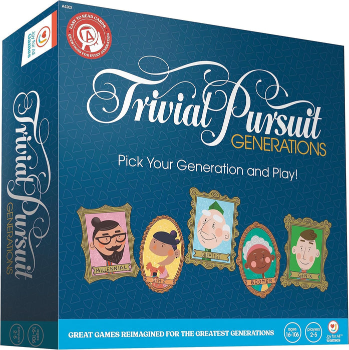 Joy for All Trivial Pursuit Generations - Trivia for Seniors - Cognitive Thinking Game - Big Easy to Read Cards for Low Vision - Fill-in-the-Blank Trivia Cards - Memory Board Game Activity for Elderly