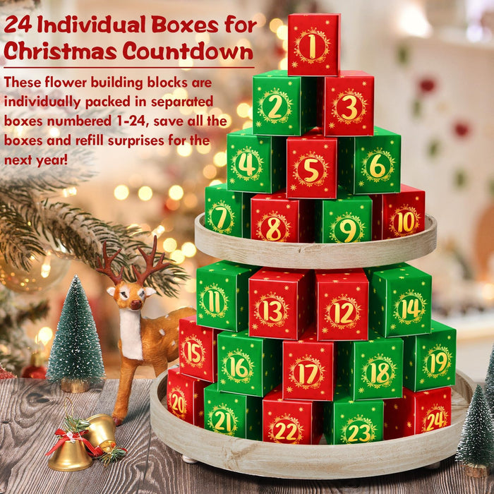 Advent Calendar 2024 for Kids Adults Teens, 24 Days STEM Flower Bouquet Building Blocks Christmas Countdown Calendar Gifts Box with Artificial Flowers Bricks Toy Set for Boys Girls Women Men Age 6+