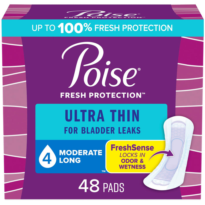 Poise Ultra Thin Incontinence Pads & Postpartum Incontinence Pads, 4 Drop Moderate Absorbency, Long Length, 48 Count, Packaging May Vary