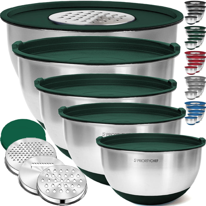Priority Chef Stainless Steel Mixing Bowls with Lids Set, 3 Grater Attachments, Airtight Lids, Non-Slip Silicone Base Mixing Bowl Set, Large Prep Metal Mixing Bowls for Kitchen, Green