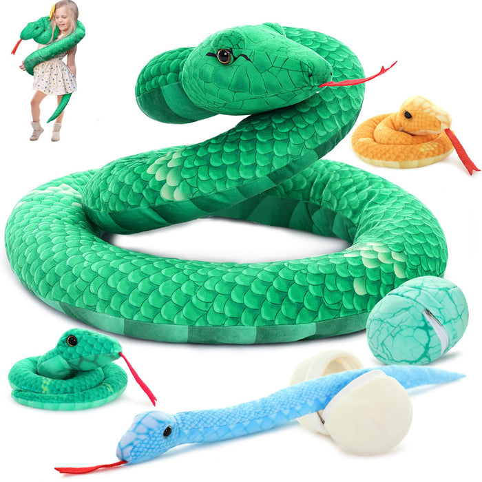 MorisMos Giant Snake Stuffed Animals Mommy with Babies, Realistic Snake Plush Toy,Large Stuffed Snake with Babies & Snake Egg Plushies, Long Green Boa Constrictor Snake Toy for Kid Girl Boy Christmas