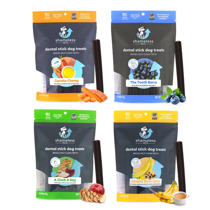 Shameless Pets Dental Treats for Dogs, Variety (4-Pack) - Healthy Dental Sticks for Teeth Cleaning & Fresh Breath - Dog Bones Dental Chews Free from Grain, Corn & Soy