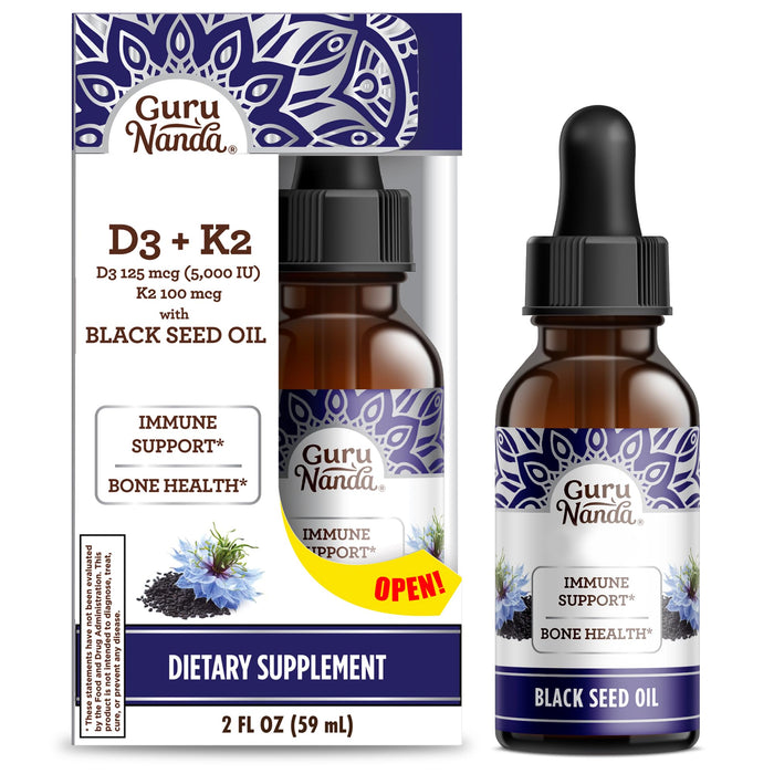 GuruNanda Black Seed Oil, Cold-Pressed Nigella Sativa - Rich in Vitamin D3 5000 Units, K2 & E, High Thymoquinone | Potent Antioxidant for Immune Support, Non-GMO, 2 Fl.oz