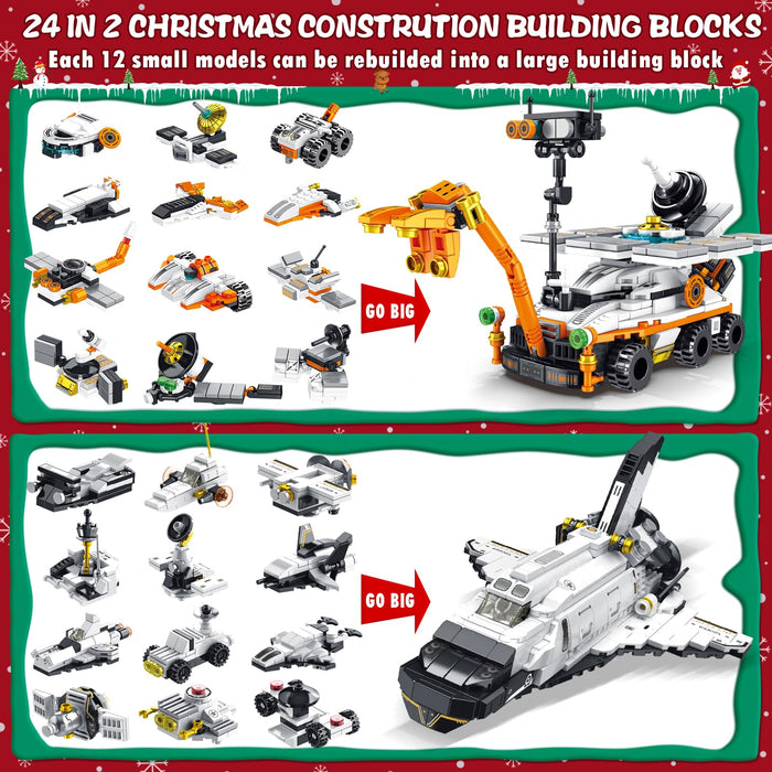 Kids Advent Calendar 2024 for Boys, 24 Days Christmas STEM Spaceship Building Blocks Countdown Calendar Gifts Box with 12-in-1 Mars Rover Space Shuttle Bricks Toys Set for Kids Teens Girls Boys Age 6+