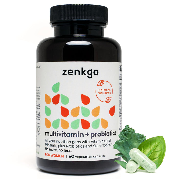 Zenkgo Women's Multivitamins + Probiotics + Organic Whole Foods, Supports Immunity, Digestion, Energy, Gut Health, Vitamins A, E, B6, B12, Vegan D3, K2 (MK-7), Folate, Minerals, Superfoods(60Ct/30Day)