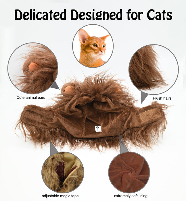 Onmygogo Lion Mane Wig for Cats and Dogs, Funny Pet Cat Costumes for Halloween Christmas, Furry Pet Clothing Accessories (Size S, Coffee)