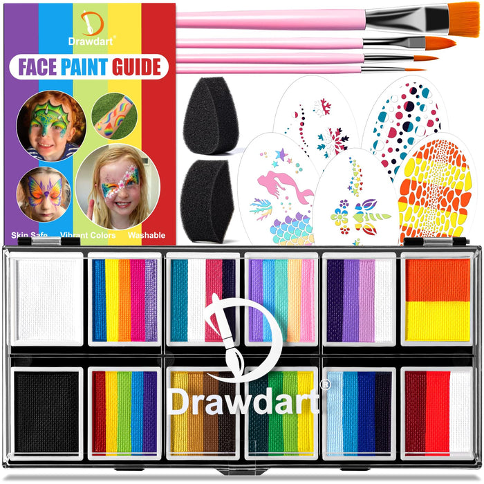 Drawdart Professional Face Painting Kit for Kids Adults, Split Cake Face Paint Palette 12 x 10gm with Stencil, One Stroke Non Toxic Rainbow Face Body Paint Set Halloween Christmas Makeup