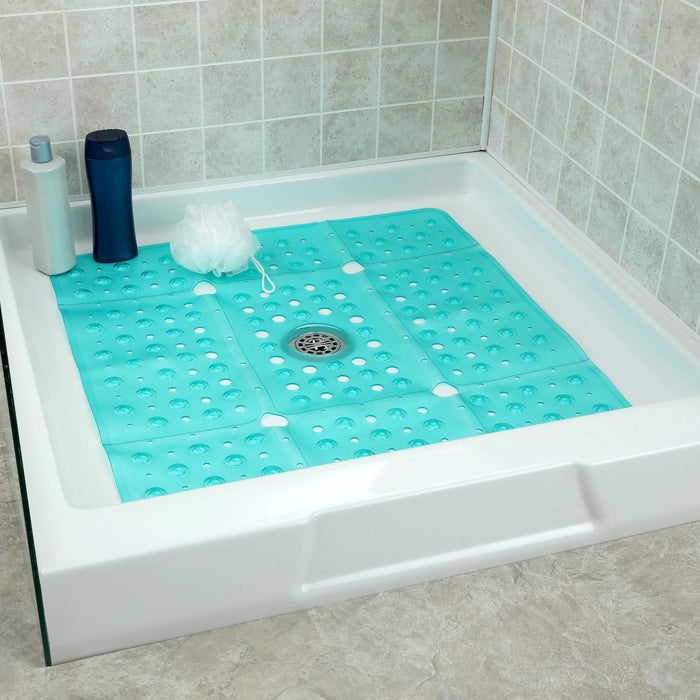 SlipX Solutions Square Shower Mat, Extra Large 27"x27", Non-Slip Stall Mat for Elderly & Kids Standing Bath Tub Mat, Machine Washable, Suction Cups, Transparent Aqua