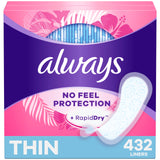 Always Thin No Feel Protection Daily Liners, Regular Absorbency, Unscented, 216 Count x 2 (432 Count Total)