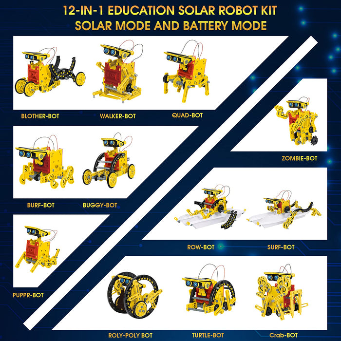 Solar Robot Kit for Kids Age 8-12, STEM Building Toys,12-in-1 Build Your Own Robot with Solar Panel & Battery Power, Science Engineering Christmas Birthday Idea Gifts for Boy Age 8 9 10 11 12