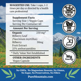 Pure Mountain Botanicals Bilberry Extract Supplement - Vegan Kosher Capsules Now with 250mg Organic Bilberry Leaf & 50mg Potent Fruit Extract