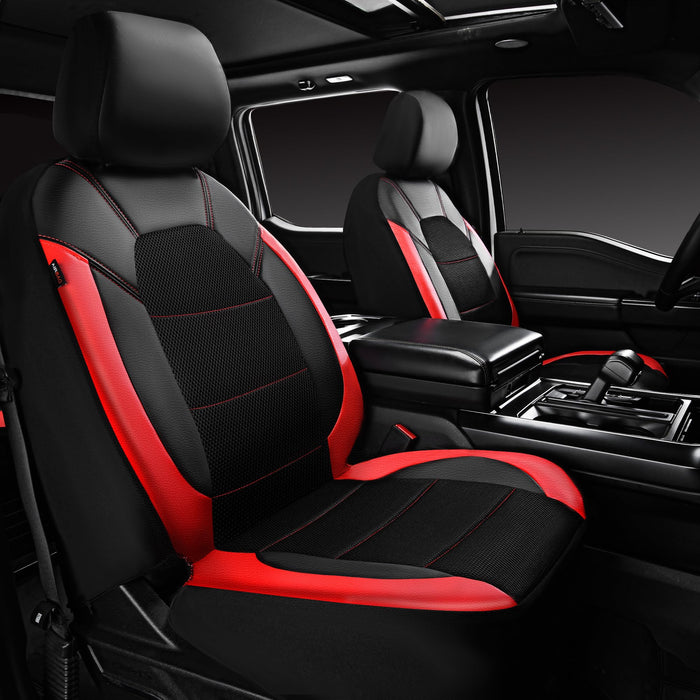 CAR PASS Leather Car Seat Covers Front Seats Only, with Air Mesh Front Seat Covers Breathable, Cool Automotive Seat Covers 2 Pack, Universal Fit Most Cars,SUV,Truck,Van Airbag Compatible(Black & Red)