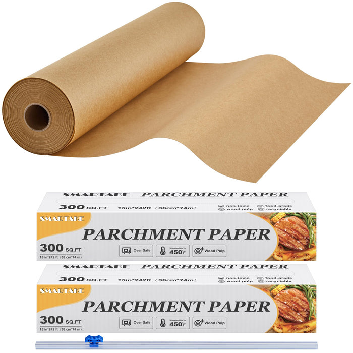 SMARTAKE Parchment Paper Roll for Baking, 2-Pack of 15 in x 242 ft, 600 sq.ft, Non-Stick Baking Paper Sheets with Slide Cutter, Heavy Duty Extra Long, for Kitchen Baking Cooking Grilling, Unbleached