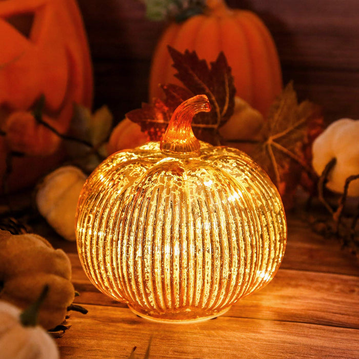 Gold Mercury Glass Pumpkin Light with 2 Lighting Modes and 6-Hour Timer, 5.5 x 6 Inch Battery Operated Fall Decor for Thanksgiving and Christmas Table Centerpiece