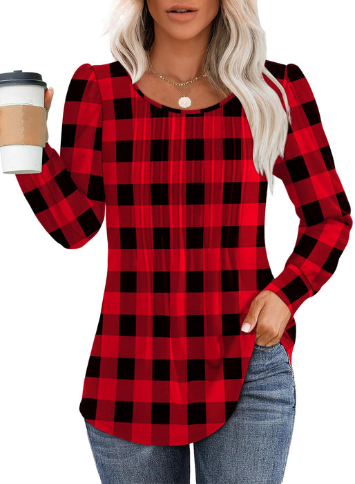 Christmas Shirts for Women Long Sleeve Tops Fleece Sweaters Warm Cozy Dressy Casual Blouses Curved Hemline Plaid Black Red L